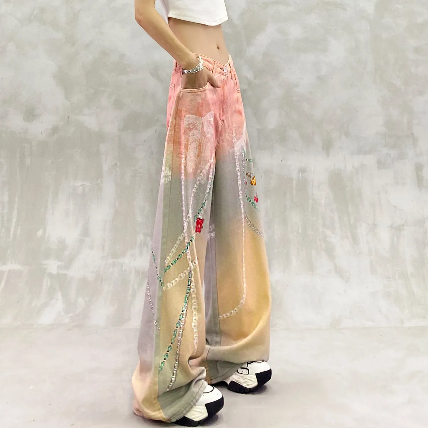 Digital Print Denim Jeans for Women Washed High Rise Wide Leg Pants Relaxed Straight Silhouette for Spring Everyday Outfits