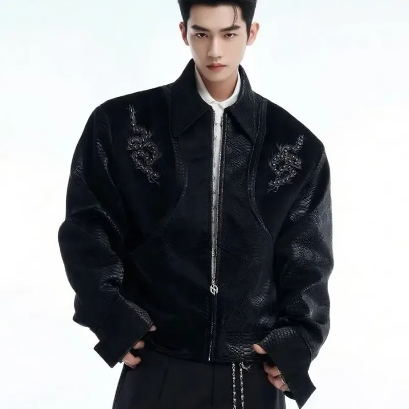 

Autumn Street wear Fashion Tops Men'S Clothing 2025 New Men's Pu Leather Patchwork Jacket Spine Snake Pattern Rivet Pu Jacket