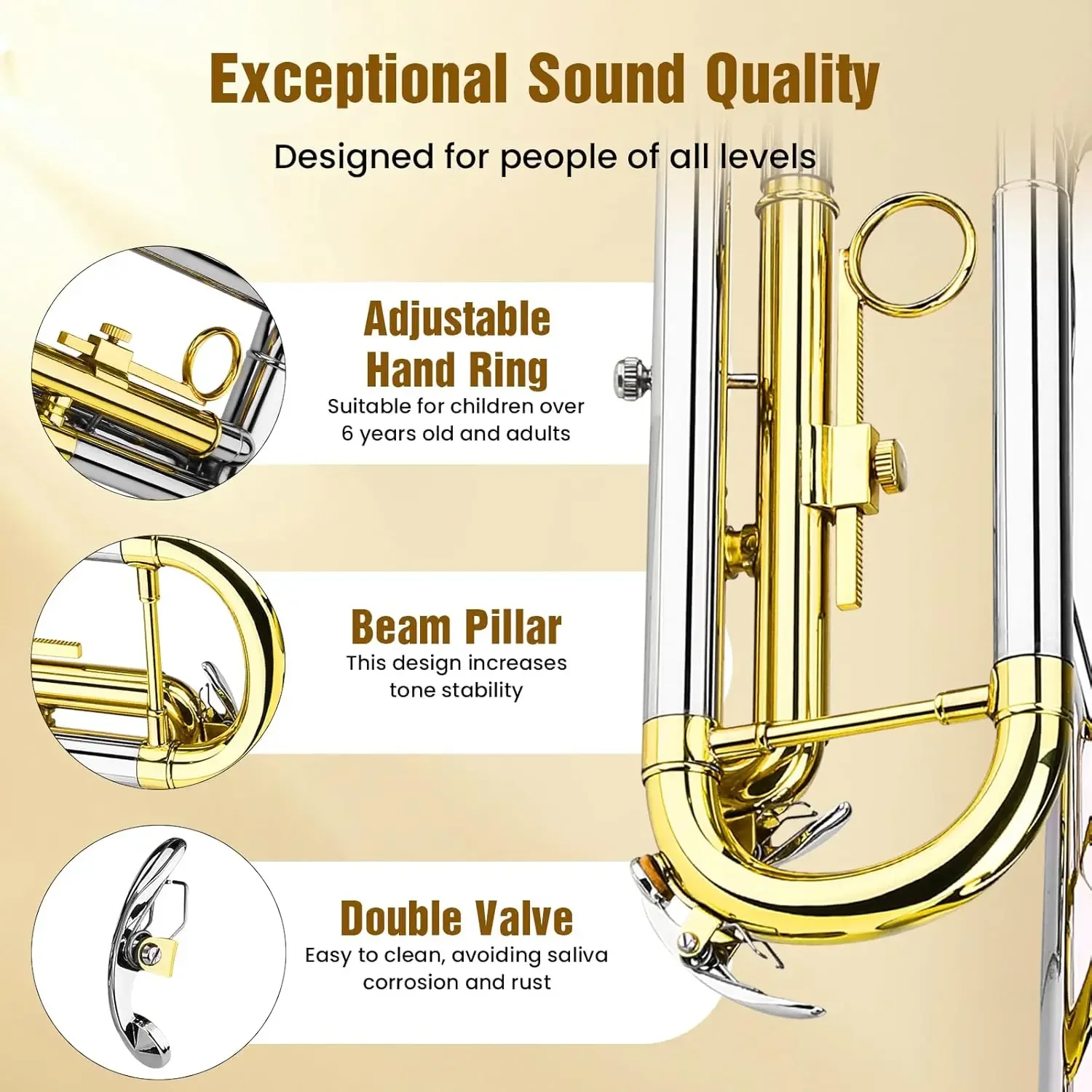 Conjunto de instrumentos de trompete para iniciantes, trompete de estudante padrão Bb com estojo rígido, instrumentos de latão com limpeza de trompetes