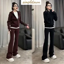 Spring and Autumn Casual Sportswear Set Women's Hooded Slimming Jacketstraight Leg Wide Leg Pants Two-piece Set