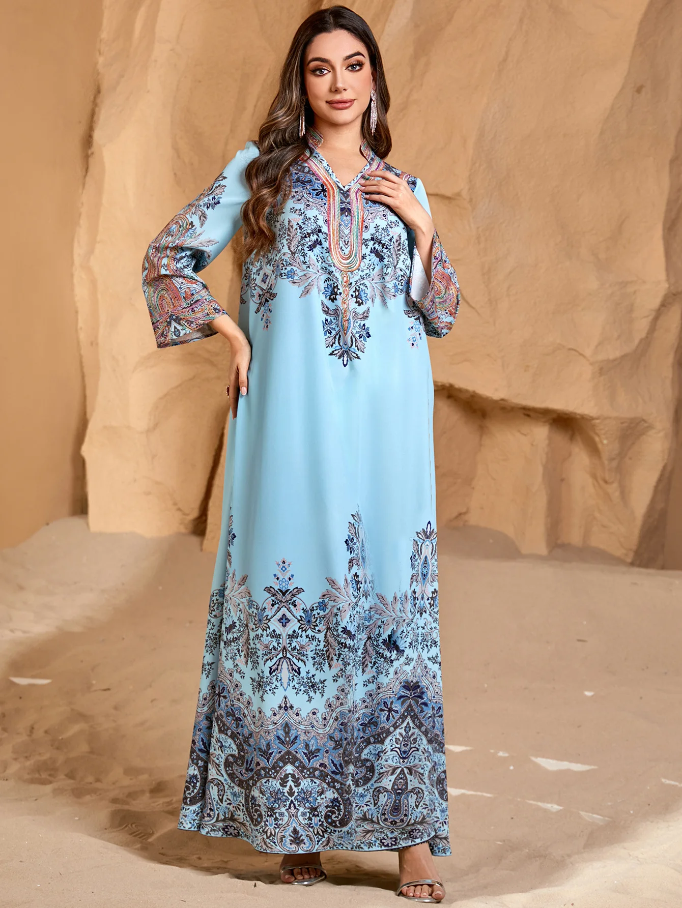 

Eid Morocco Long Sleeve Floral Print Maxi Dress Dubai Abaya Muslim Women Turkey Kaftan Caftan Ramadan Musulmane Femme Vestidos