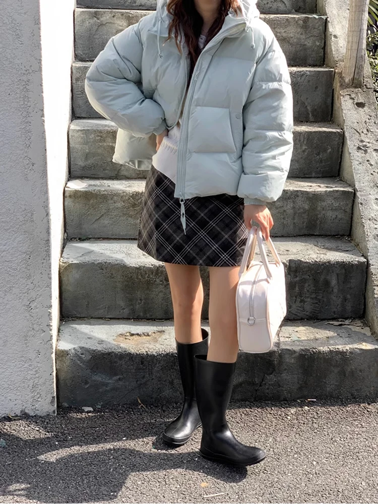 겨울 흰색 오리 다운 Drawstring Parker Outwears 여성 솔리드 후드 짧은 다운 재킷 여성 따뜻한 지퍼 퀼트 코튼 자켓