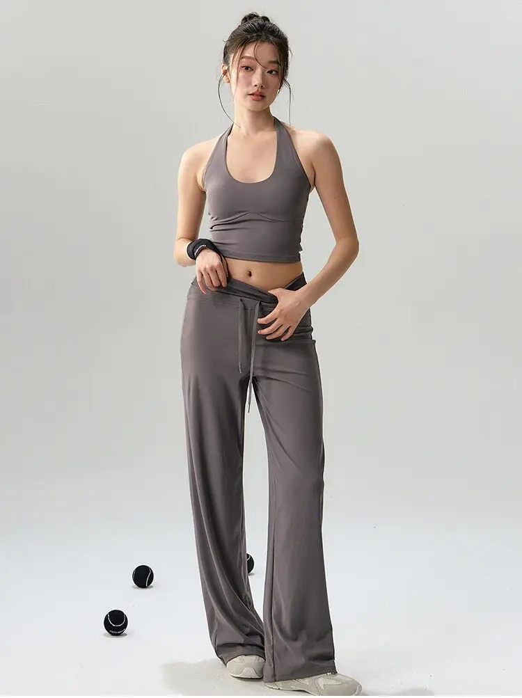 Hochgeschnittene, weit geschnittene Yogahose für Damen, Pilates, schlankmachend, für Outdoor-Läufe, lockere, gerade geschnittene Leggings, lässige Fitnesshose – Detail 2