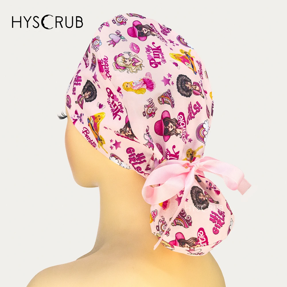 Pink printed surgical ponytail Scrub cap doctor nurse professional work hat
