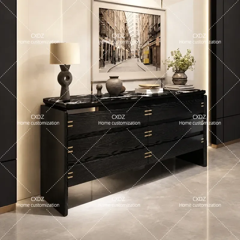 French Retro Solid Wood Chest with Italian Marble Top Multi Drawer Storage Cabinet for Villa Living Room Master Bedroom End
