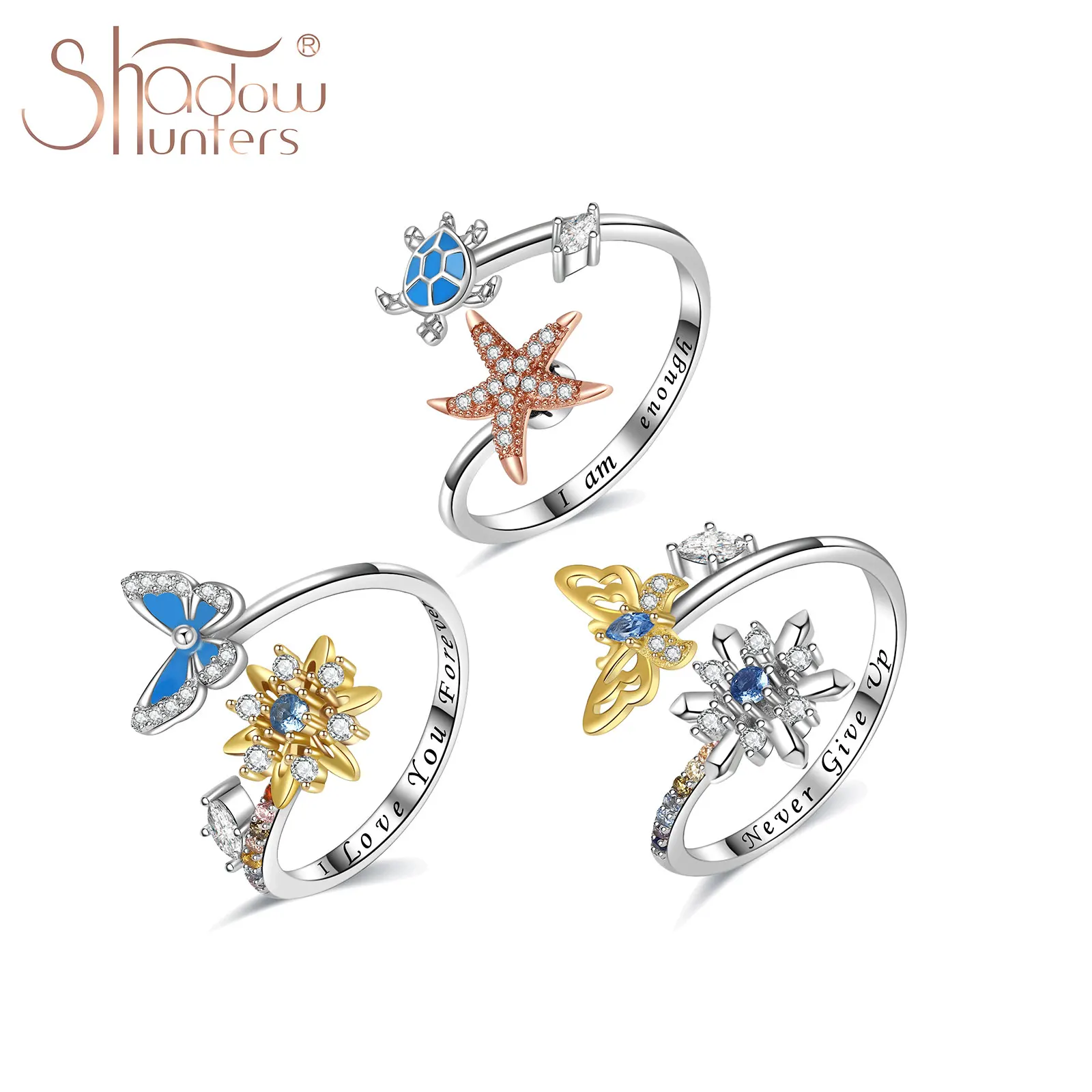 

925 Sterling Silver Cute Fine Rotable Starfish Ring Zircon Enamel Turtle Butterfly Shaped Anxiety Ring For Women Open Adjustable