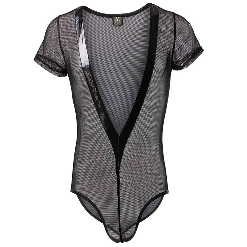 

Мужской комбинезон-пижама с глубоким V-образным вырезом, черный, сетчатый, дышащий, эластичный, с короткими рукавами, в стиле рыболовной сетки, сексуальный, для сна