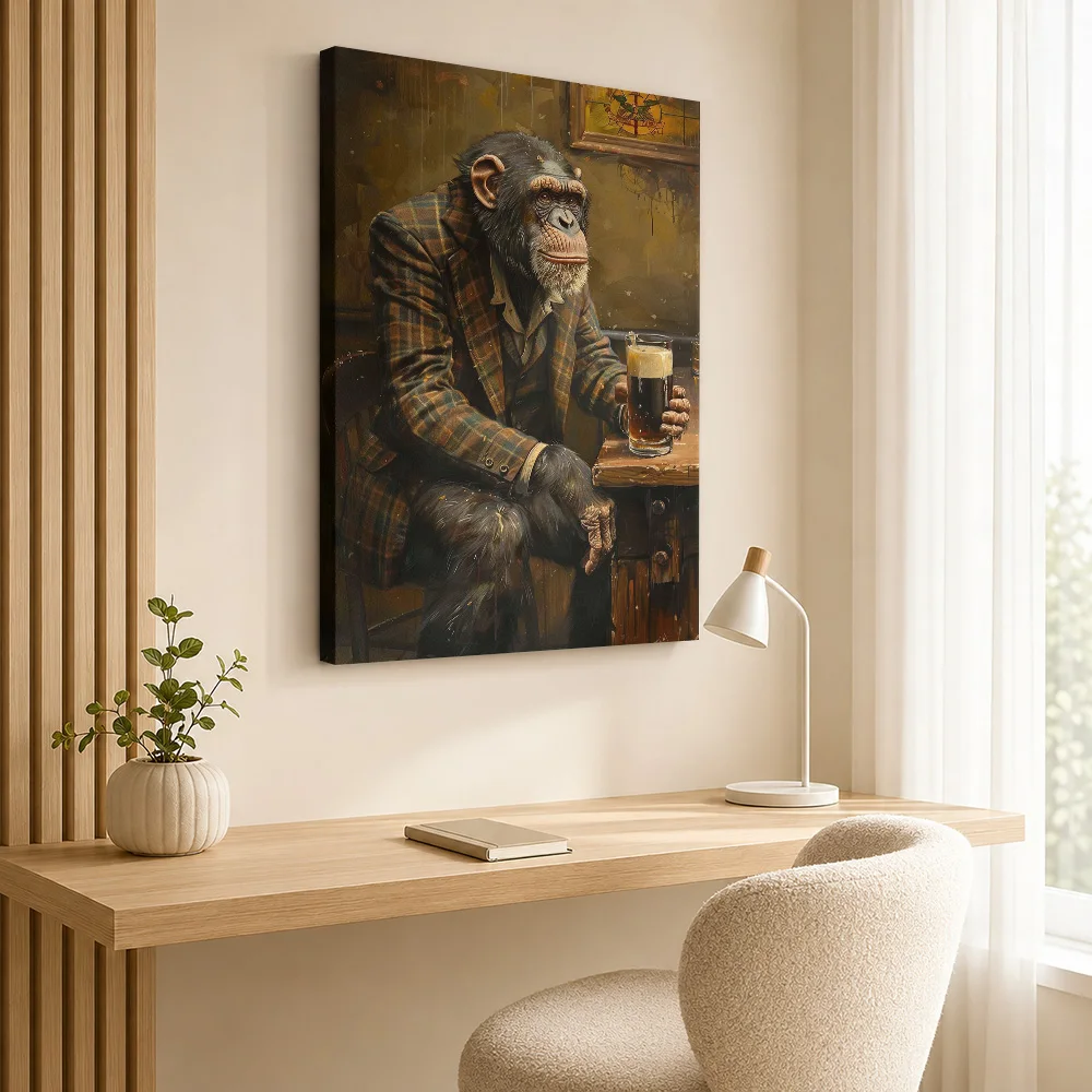 Chimpanzee Irish Pub Beer Wood Framed Canvas Poster Customized Photo Culinary Illustration Wall Art For Home Bar Birthday Gift