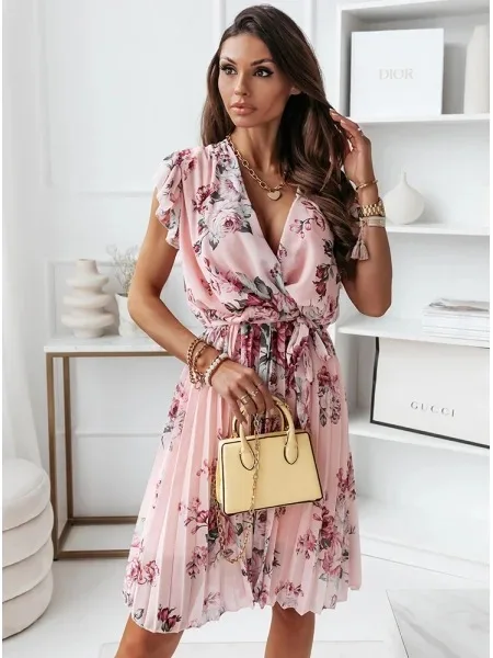 Summer Floral Print Dress For Women New Sleeveless Round Neck Dress Ruffled Short Sleeve Chiffon Print Short Dress For Women