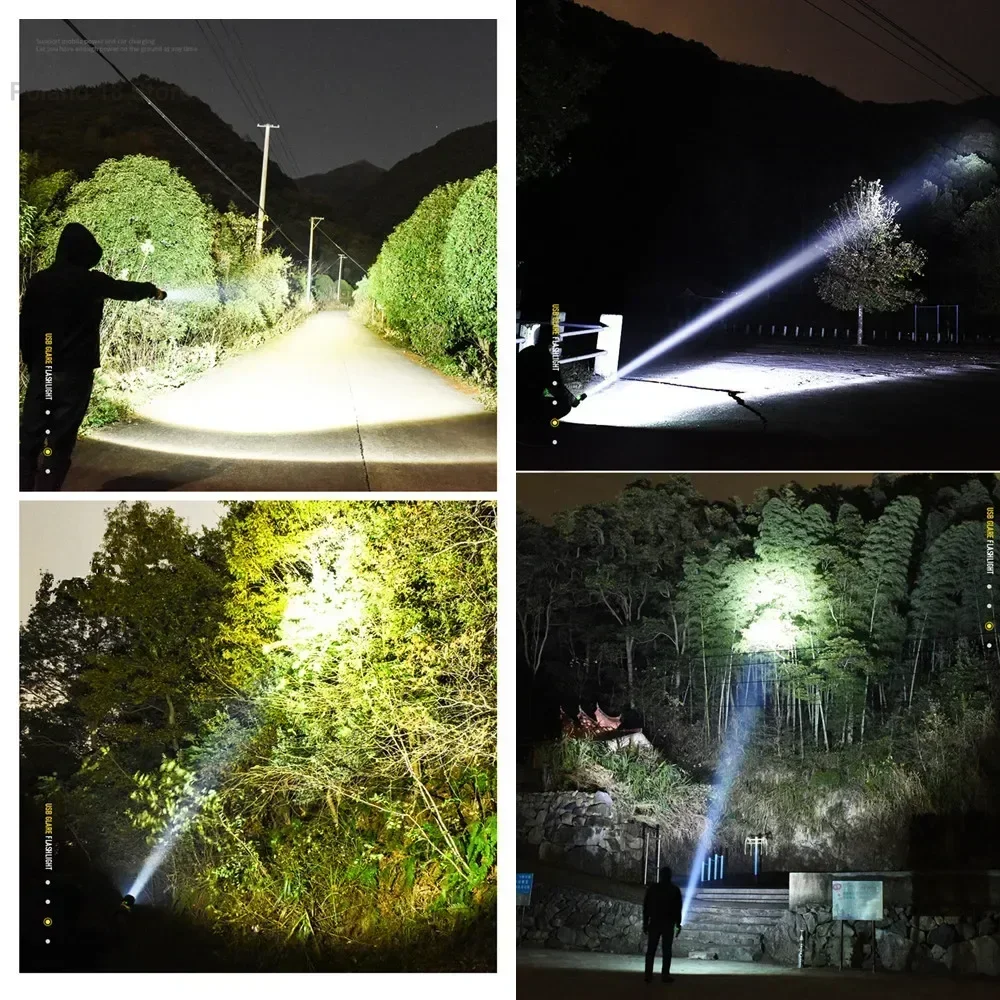 مشاعل LED قابلة لإعادة الشحن 90000 لومن مصباح يدوي فائق السطوع قابل للتكبير مقاوم للماء مع 3 أوضاع قوية للتخييم والمشي لمسافات طويلة