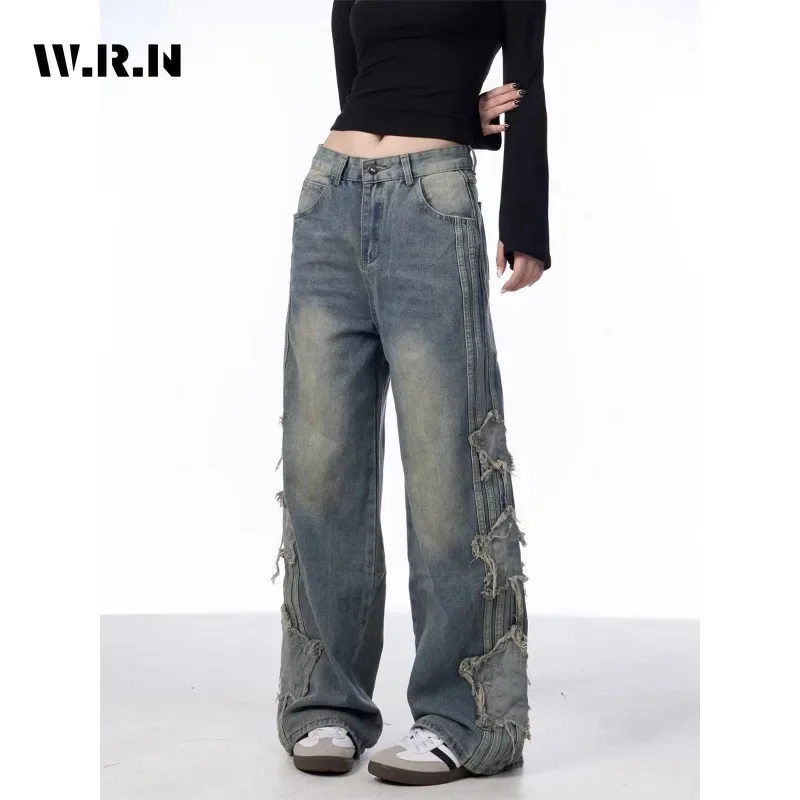 Women's Casual Tassel Harajuku Punk Baggy Jeans Vintage Aesthetic Mopping Loose Washed Pants Y2K Wide Leg Denim Trouser