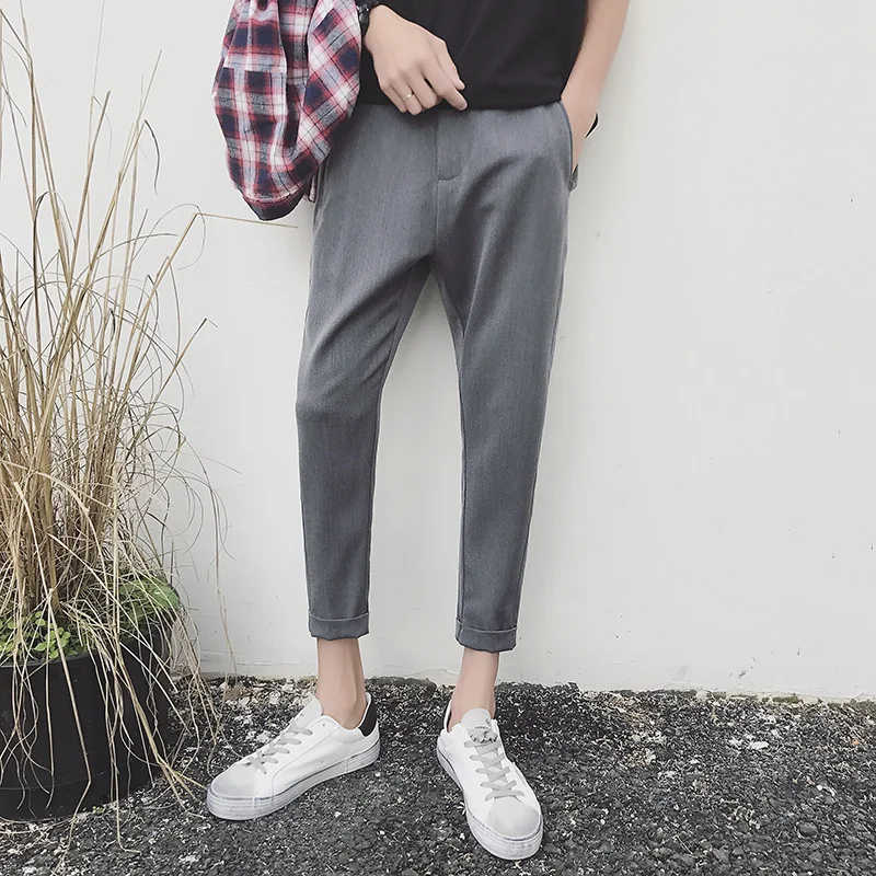 

Slim Fit Straight Leg Suit Pants Men's XS S Size Hong Kong Sle Casual Nine Point Jeans mid Low Waist Youthful Summer Faion