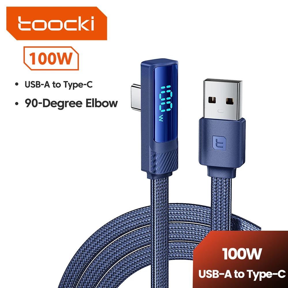 Toocki 90 Degree USB C Cable 6A Fast Charging Elbow Type C Cable for Huawei P40 Realme Samsung S20 Digital Display Data Cable