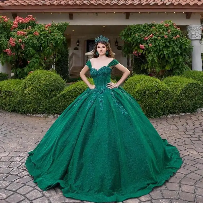 Personalizado glitter verde escuro quinceanera vestido de baile apliques frisado espartilho vestidos doce 16 vestido de 15 anos