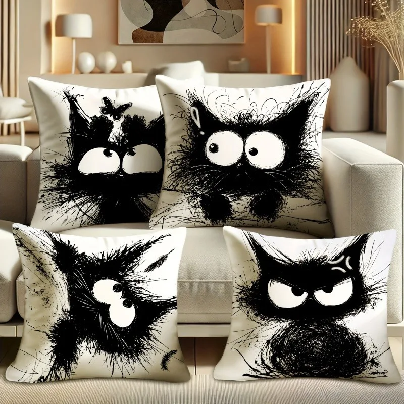 Stylish 4 Pack Printed Cat Face Pillow Covers Set Polyester Decorative Graphic Throw Cushions for Living Room Home Decor Gifts