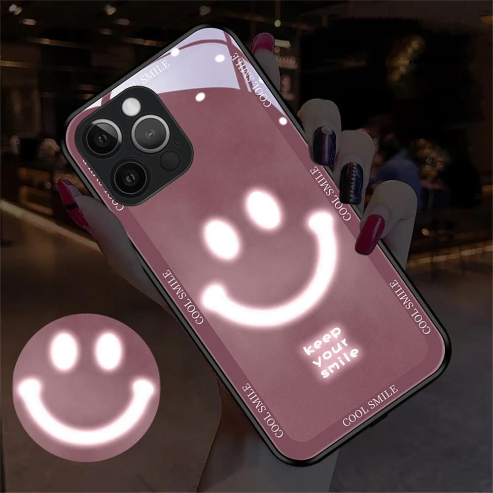 

Smile Design Luminous Sound Music Control Phone Case For Samsung S23 S22 S21 S20 Ultra Call Glowing LED Light Up Glass Cover