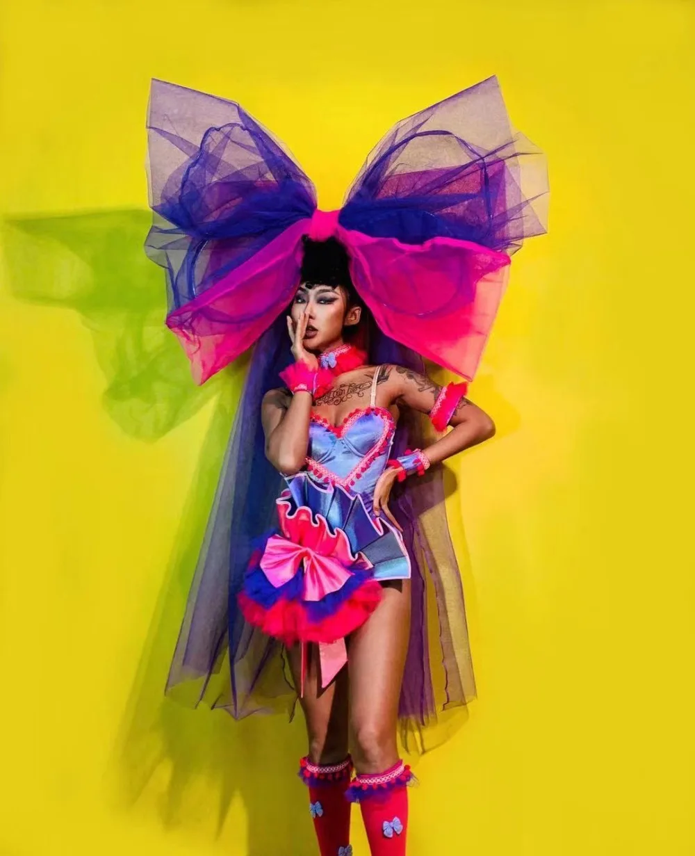 Colorful Exaggeration bow tie headwear Nightclub dance costume sexy party girl stage show wear singer dancer outfit bar