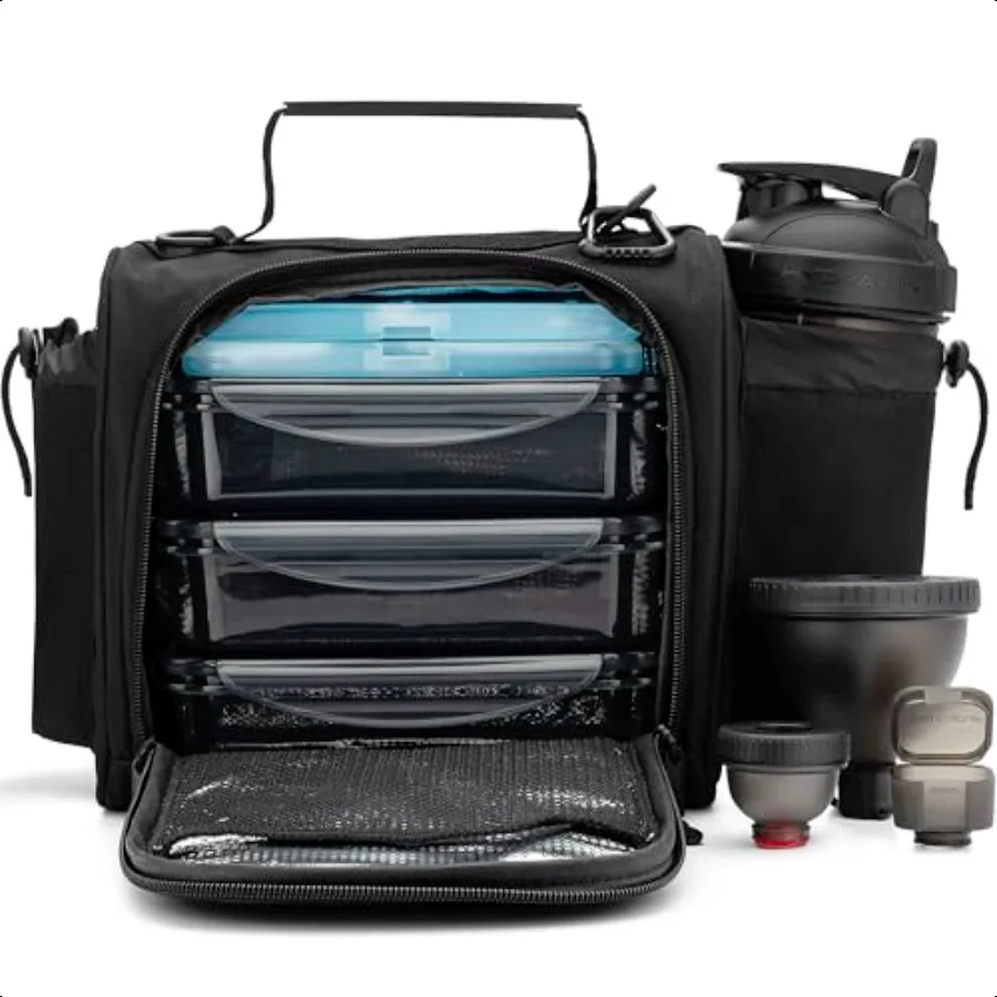 

Insulated Lunch Bag with Containers Meal Prep Bag Included Ice Packs Shaker Bottle Protein Funnels Lage Strap Travel Meal Bag M