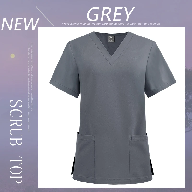 เสื้อสครับสีพื้นสำหรับผู้หญิงและผู้ชาย แขนสั้น มีกระเป๋าเสื้อ เสื้อผ้าสำหรับผ่าตัด คอวี ชุดยูนิฟอร์มทางการแพทย์สำหรับทุกเพศ เหมาะสำหรับทันตกรรม สัตวแพทย์ และศัลยกรรม