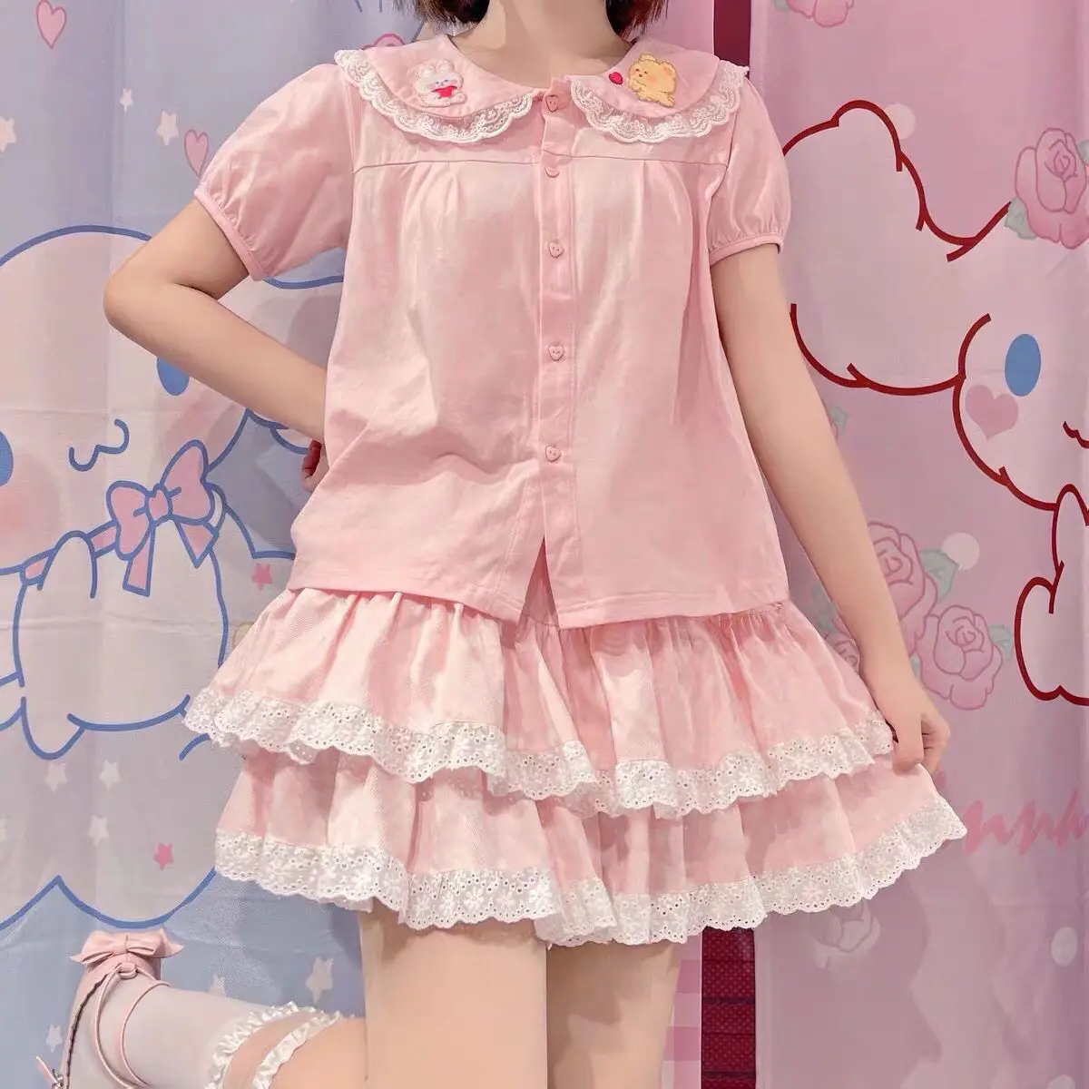 Sweet Lolita Pink Cake Skirts Women High Waist Kawai Bow Lace Ruffles Pleated Mini Skirt Japanese A-Line Y2k Short Faldas