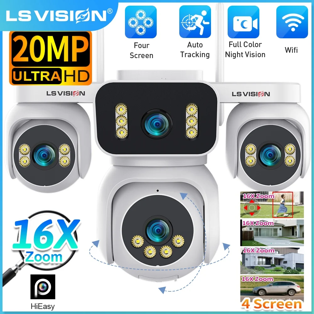 LS VISION 20MP 4 Screens WiFi IP Camera Wireless 4Lens 16X Zoom PTZ Security Cameras CCTV Auto Tracking Outdoor Surveillance Cam