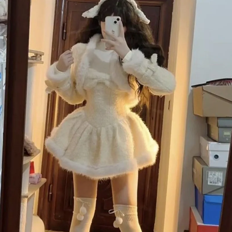 

Женские милые плюшевые короткие шерстяные куртки Kawaii с бантом, твидовое клетчатое платье, женская модная одежда, элегантный комплект из двух предметов в японском стиле