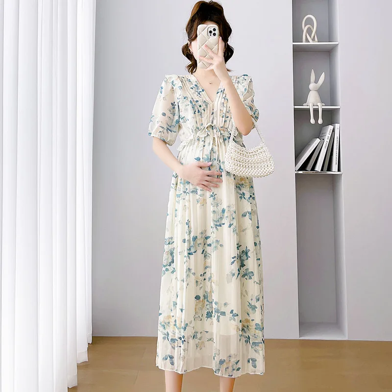 2024 Japanese Style Fashion Printing Pregnant Women's Chiffon Floral Dress Ruffled V-Neck Long Loose Maternity Pleated Dresses