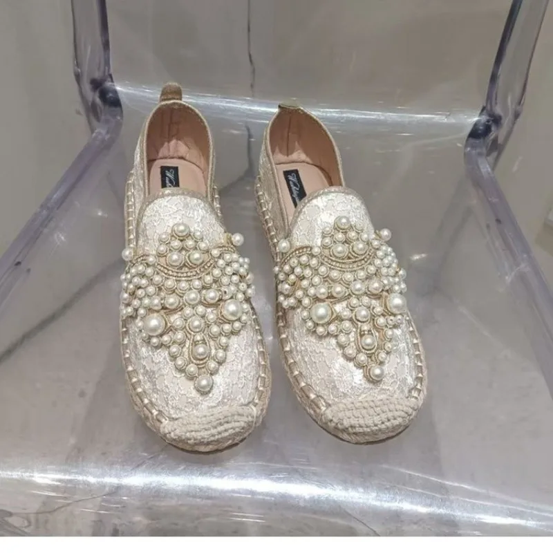 

2025 New String Bead Half Slippers Spring Slides Women Shoes Pearl Hemp Women Cotton Fabric Lace Shoes