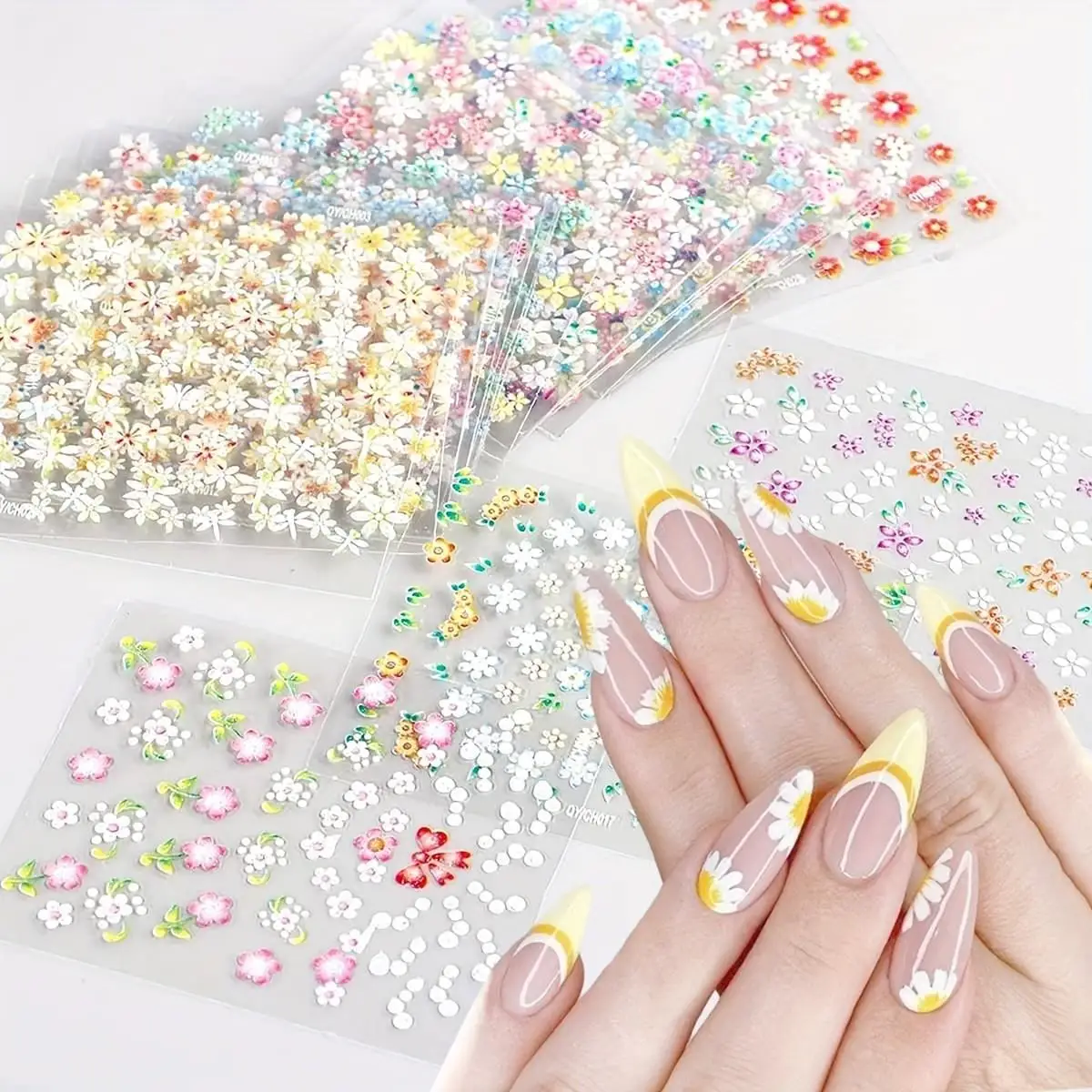10/30 Sheets Nail Art 3D Self Adhesive Stickers, Colorful Flowers,  Colorful Daisy Floral Bow Tie Heart Butterfly Design Shiny