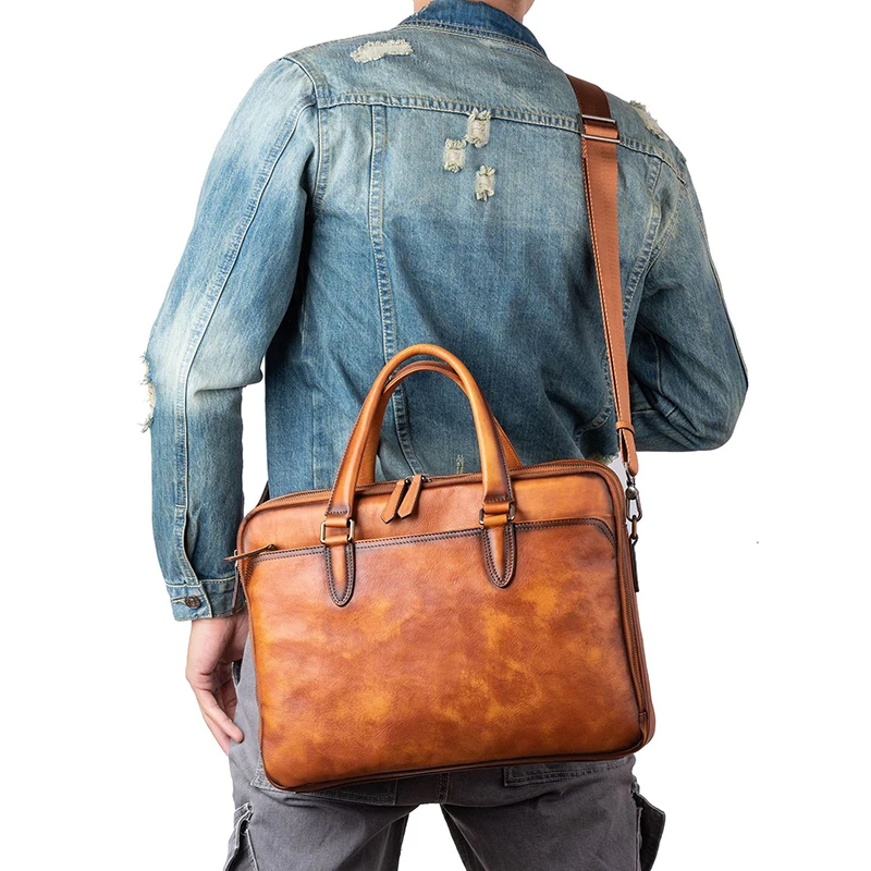 Men Bag Genuine Leather Briefcases 14" Laptop Bag Men's Business Crossbody Bag High Quality Messenger Shoulder Handbag r For Man