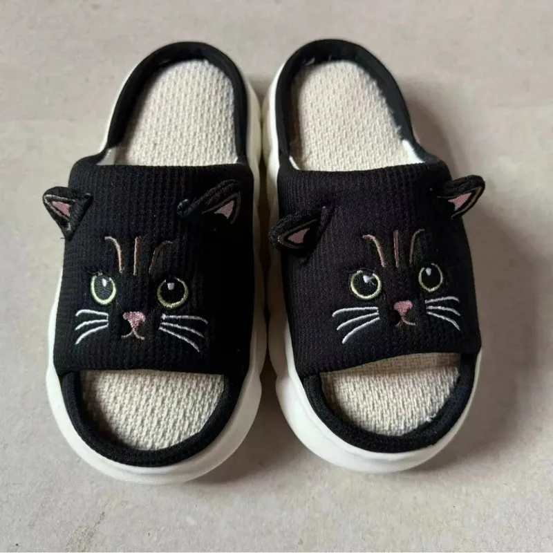 Kidmi Cute kitty Women Slippers Fashion Breathable Indoor House Slippers Sweat-absorbing Linen Antiskid Casual Slippers
