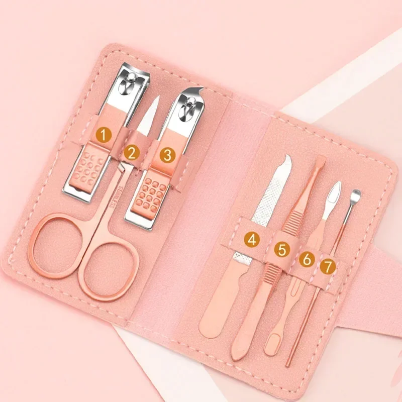 Manicure Pedicure Nail Care 7pcs Cutter Scissor Tweezer Clipper Kit Set With Colorful PU Leather Case Manicure Kit Set