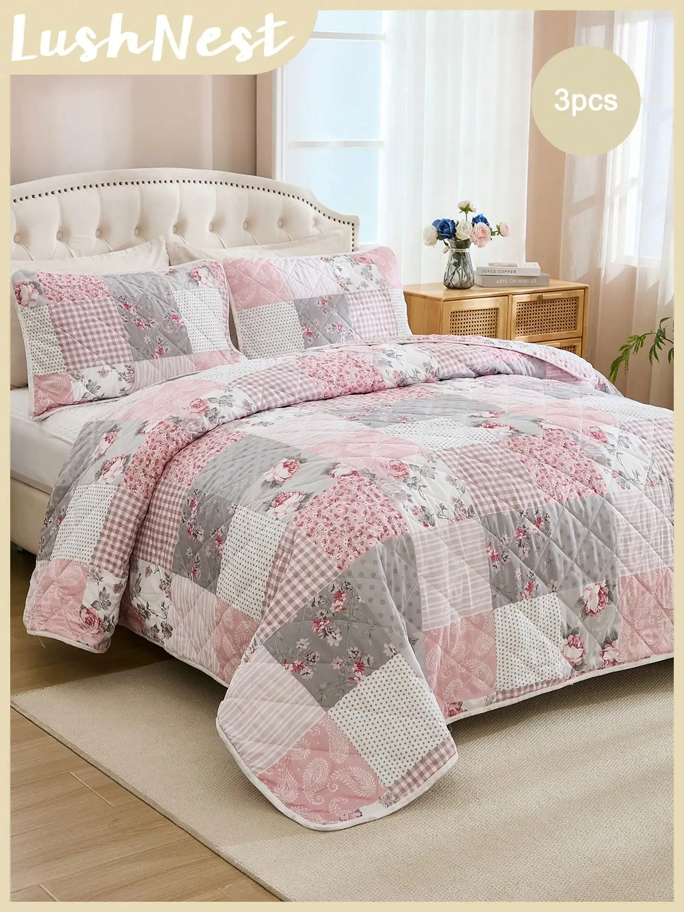 

3pcs Floral Print Polyester Boho Vintage Style Bedspread Set, Includes 1 Bedspread & 2 Pillow Shams, Suitable For Home Bedroom,