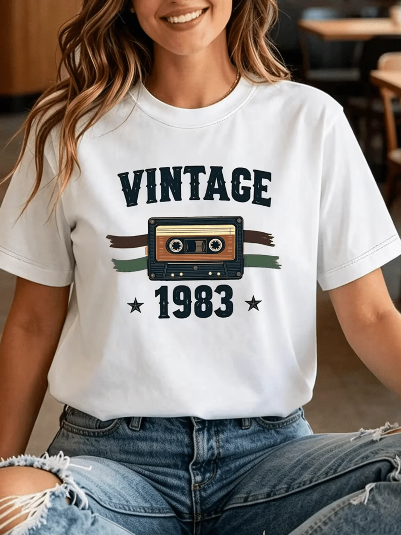 Women's Vintage 1983 Cassette Tape T-Shirt Retro 80s Tops with Iconic Cassette Print Minimalist Basic Tops Casual Clothes Female