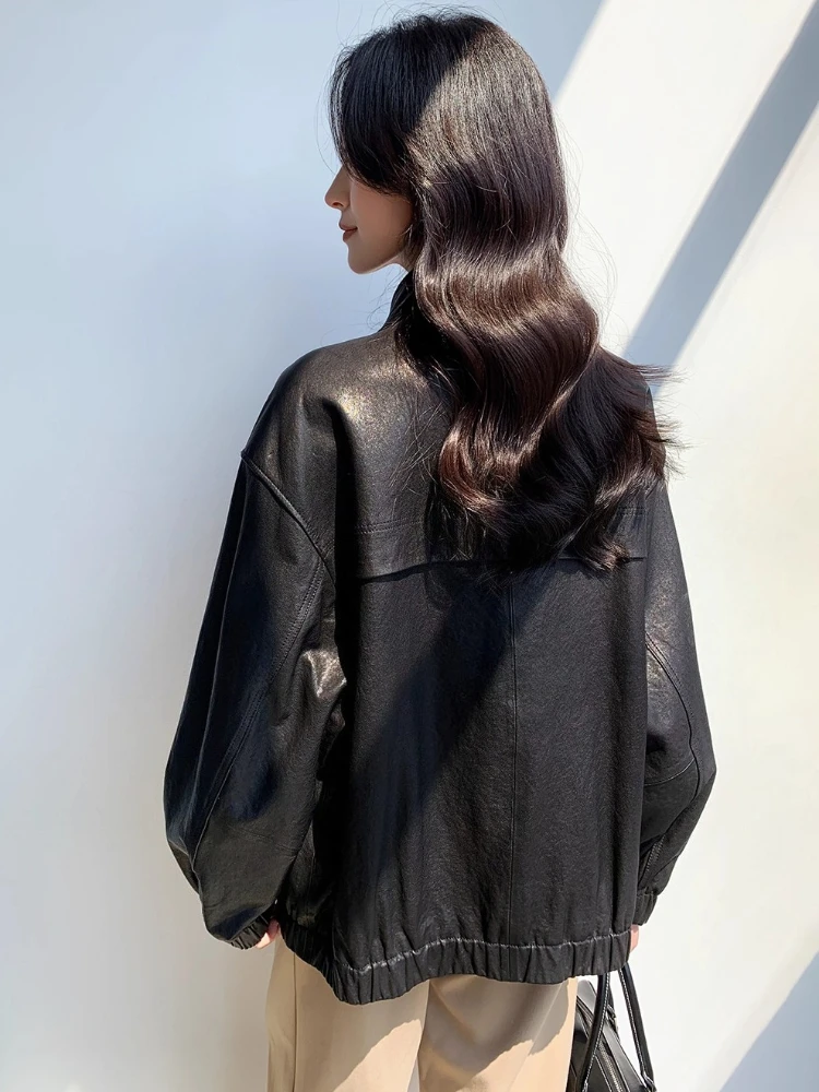 여성을위한 빈티지 정품 가죽 카고 재킷 봄 가을 하이 엔드 단순 스탠드 칼라 느슨한 부드러운 블랙 진짜 양피 코트