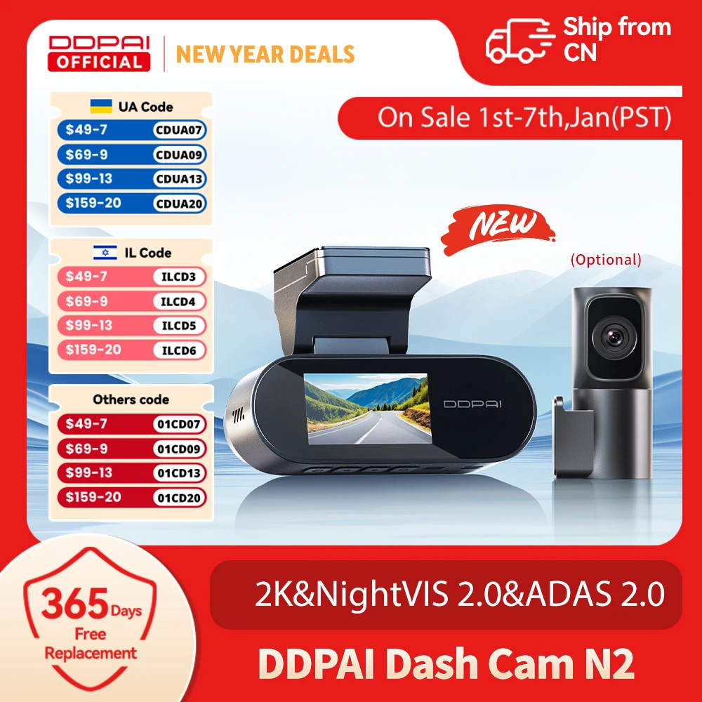 New DDPAI 2K Dash Cam N2  ADAS Car Dvr Recorder Support 24H Parking Monitor Mode Night Vision WIFI APP Dashcam