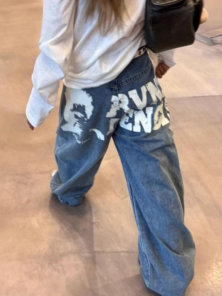 Jean Baggy bleu Y2k pour femme, pantalon en Denim imprimé Vintage Harajuku, Style japonais des années 2000, vêtements surdimensionnés, automne