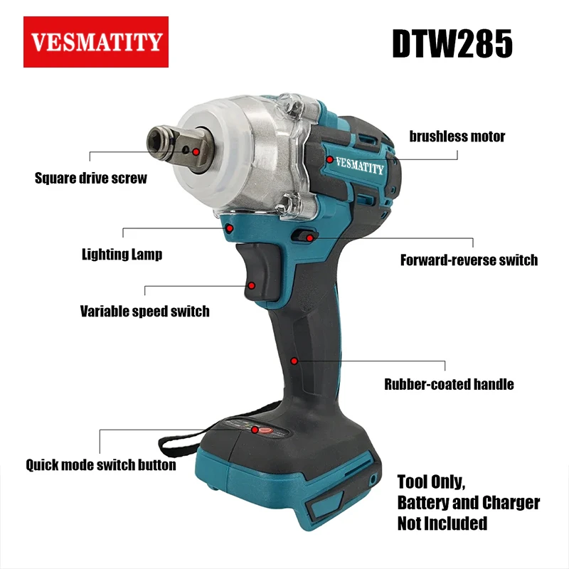 VESMATITY Electric Screwdriver 280N.m 1/2 Inch Socket Rechargeable Drill Driver for 18V 20V Battery Pro Max Unit Plus Edition
