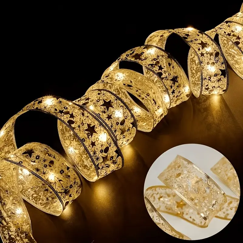 LED Christmas Tree Bow Ribbon String Lights Battery-Powered Warm White Decorative Fairy Lights for Wedding Holiday New Year Xmas