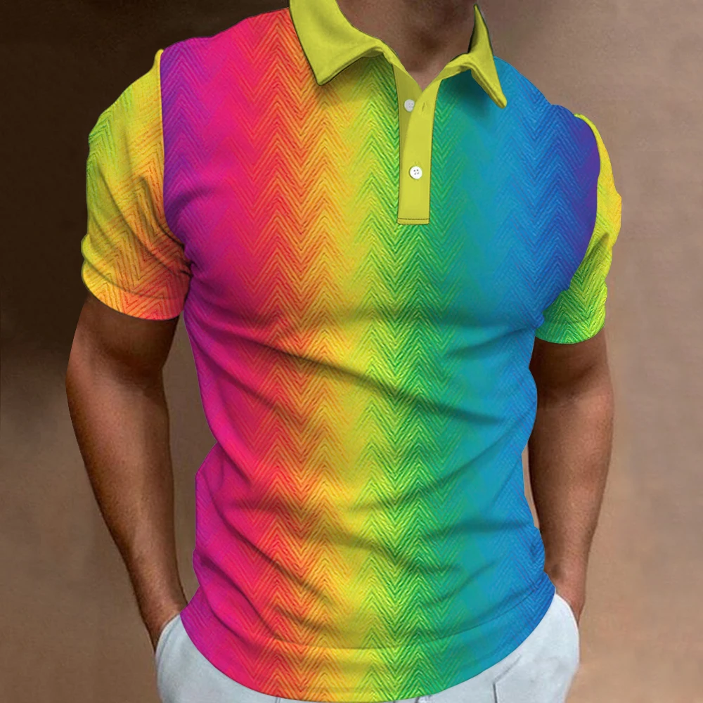 New Men\'S Polo Shirt 3d Rainbow Printed Men Clothing Summer Casual Short Sleeved Loose Oversized Shirt Street Fashion Tops Tees