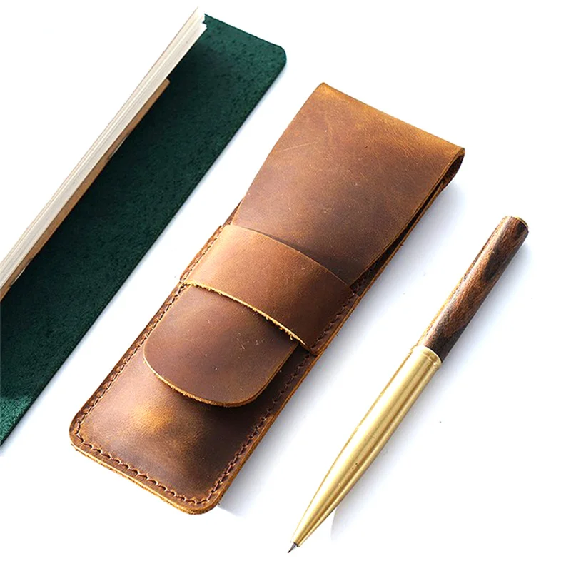 Handmade Genuine Leather Pencil Bag Cowhide Fountain Pen Case Holder Vintage Retro Style Accessories For Travel Journa