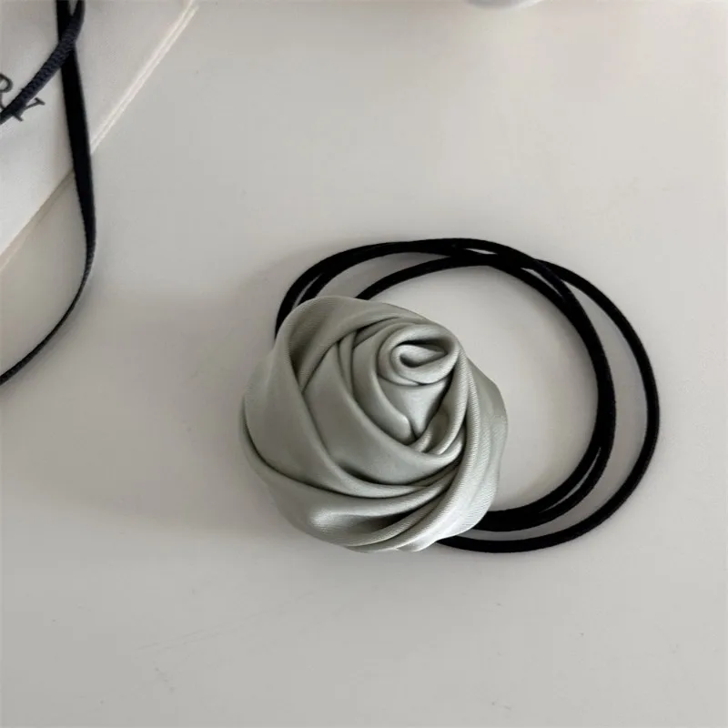 Mint Green Rose Elastic Hairbands For Women Hair Ring Rope Headdress Scrunchies Flower Satin Rubber Bands Girl Hair Accessories