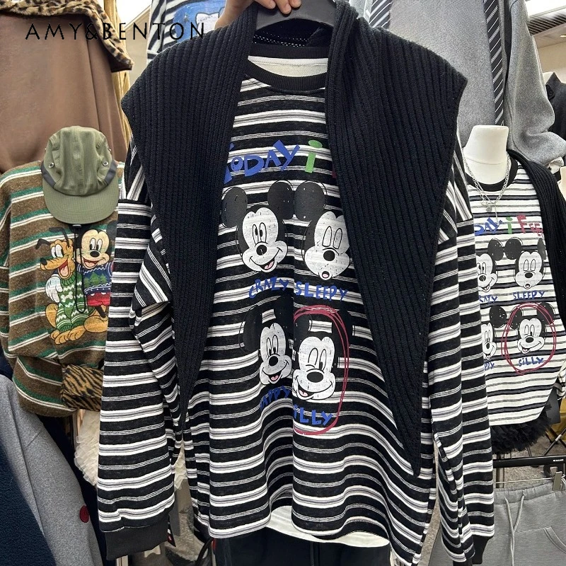 

Winter Casual Style Pullover O-Neck Color Block Cartoon Print Oversized Fleece Sweatshirt Long Sleeves Mid-Length Thick Hoodies