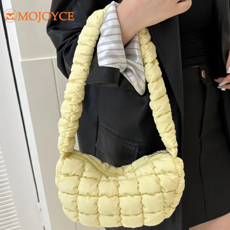 Women's Soft Down Small Underarm Bag Korean Quilted Padding Fashion Tote Handbags Solid Versatile Armpit Bag Casual Shoulder Bag