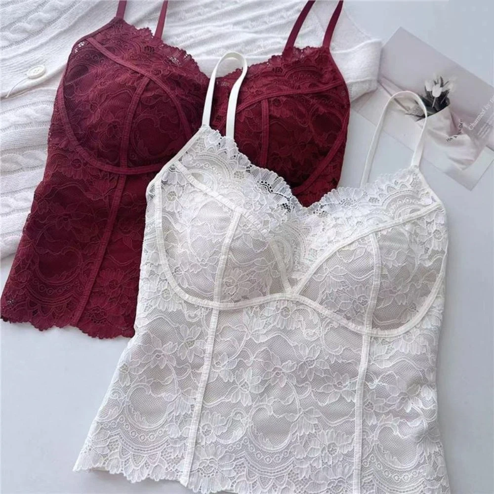 

Ins Chic Mesh Flower Slim Lace Crop Top Sweet Camisoles Summer Girl's Vest Top Bottoming Shirt Slim Fit Camisole with Pads Women