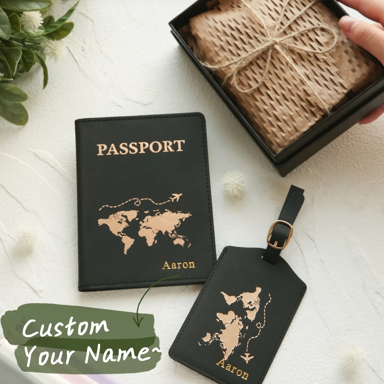 

2Pcs Custom Name World Map Passport Cover & Luggage Tag Set Personalized Pu Leather Travel Gift Custom Name Travel Accessory