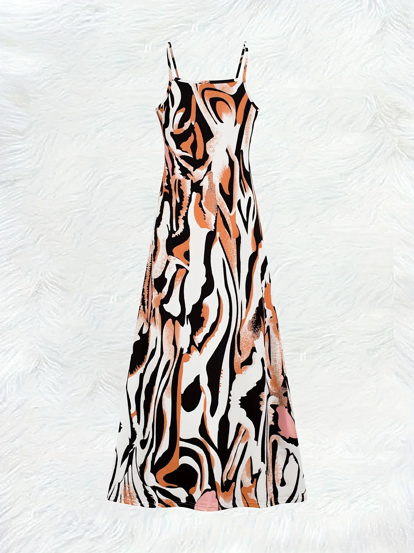 Abstract Animal Print Long Sleeve Dress for Women Vacation Style Casual Fit Round Neck Sleeveless Midi Dress Orange Black