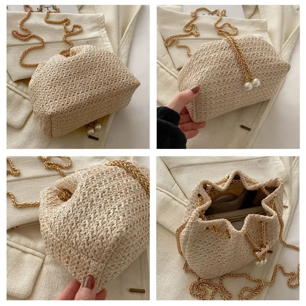 Bolso de mano de paja tejido con cordón para mujer y niña, bolsa de hombro cómoda de gran capacidad, elegante y a la moda