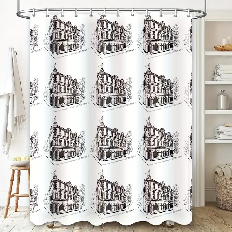 Vintage Black and White Building Shower Curtain Rustic Farmhouse Bathroom Decor Modern Art Landscape Tapestry Waterproof Fabric
