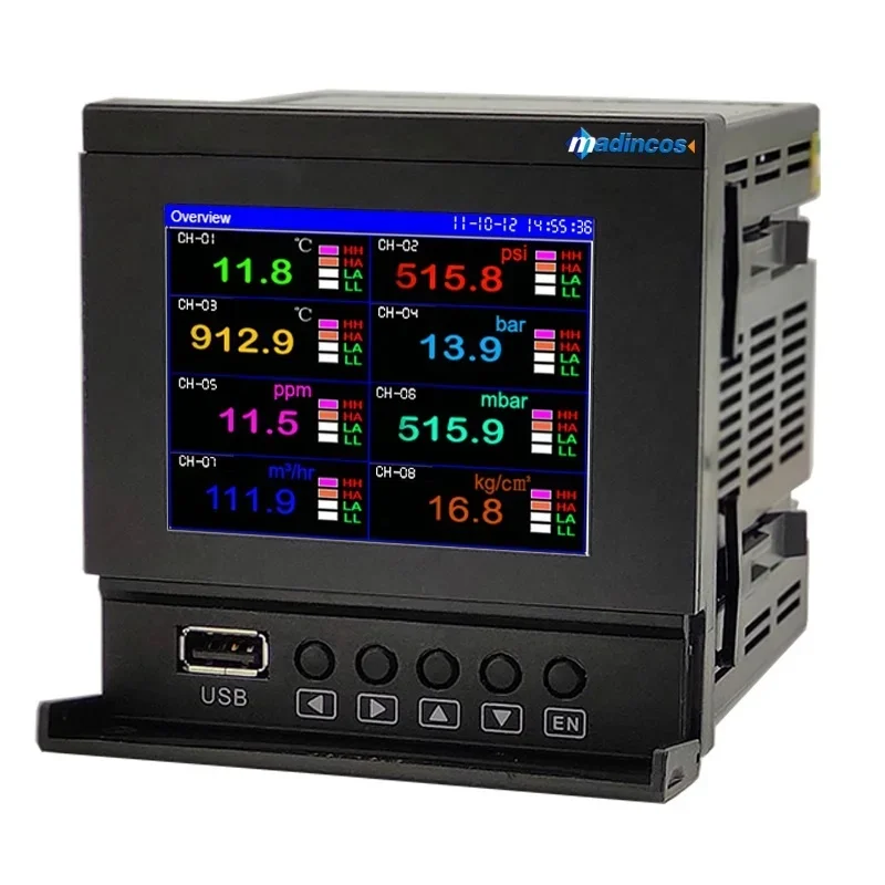 MPR800:0.2% رقمي صناعي عالمي Modbus RS485 مخطط بيانات متعدد القنوات مسجل بدون ورق ملون مع تفاصيل التدفق، مرحل